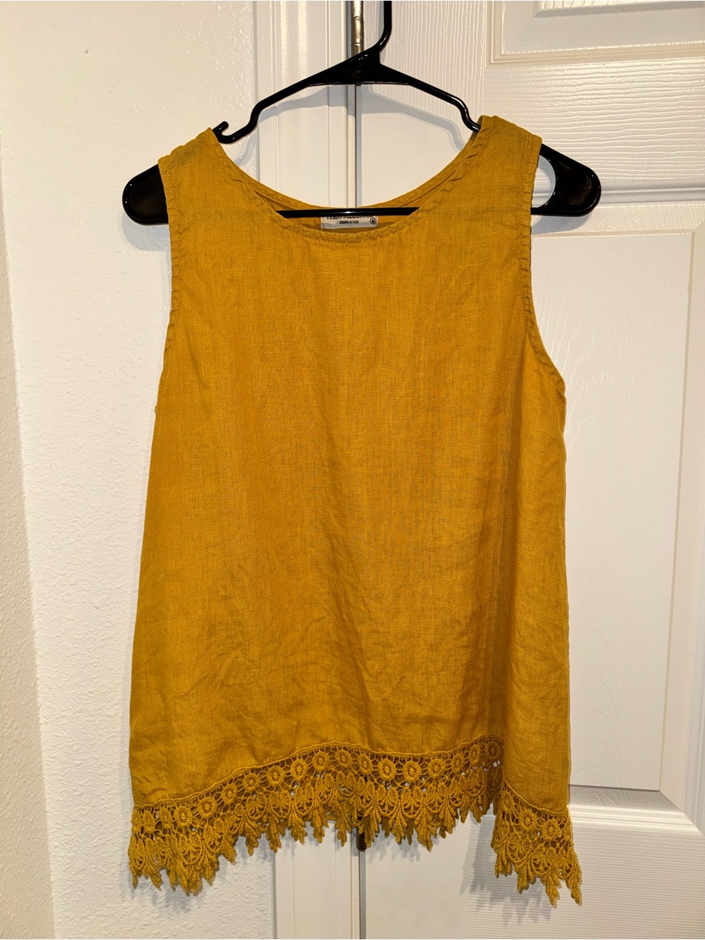 Terzo Millennio - Made in Italy- Linen Crochet-Hem Sleeveless Top in Mustard